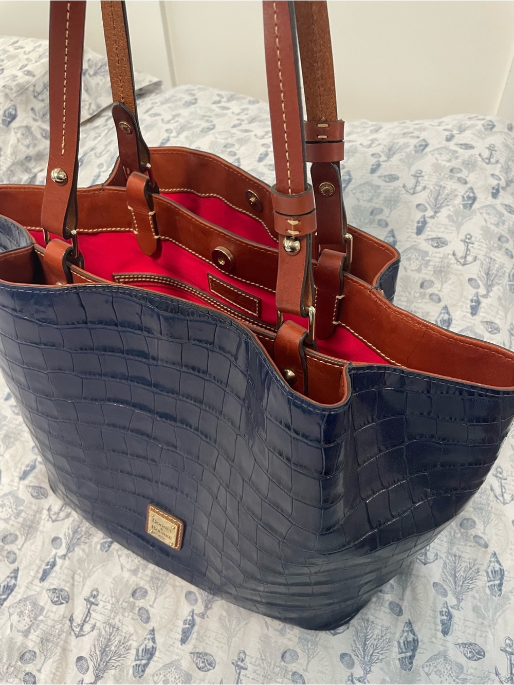 Dooney & Bourke Navy Croc-Embossed Tote with Brown Handles - Picture 5 of 6